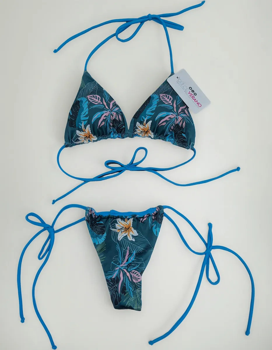 Bikini Asoleador Doble Faz Talla Única Azul Flores