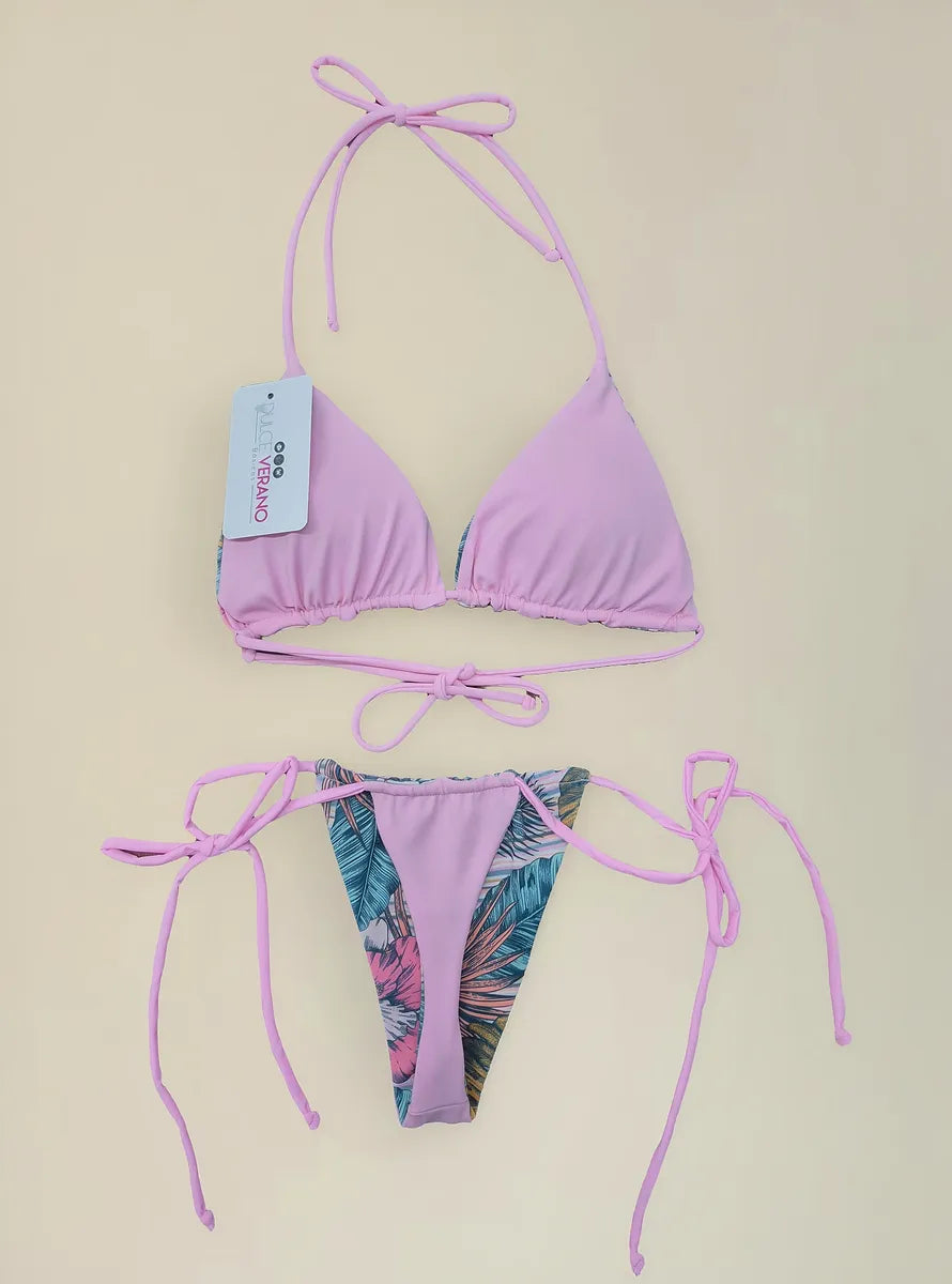 Bikini Asoleador Doble Faz Talla Única Rosado Claro Hojas