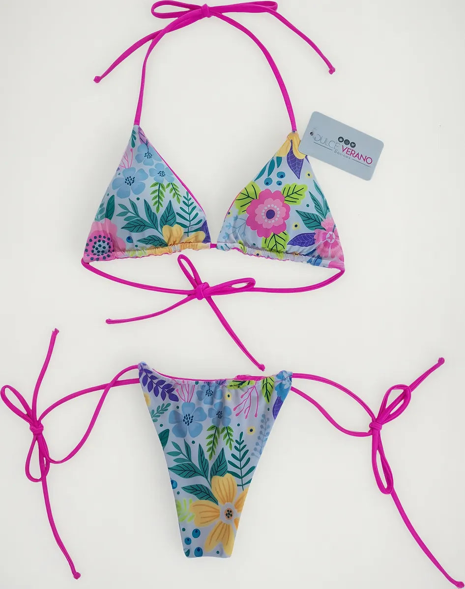 Bikini Asoleador Doble Faz Talla Única Rosa  Chicle Flores