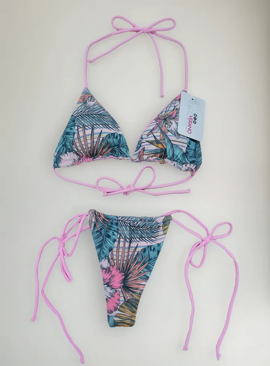 Bikini Asoleador Doble Faz Talla Única Rosado Claro Hojas