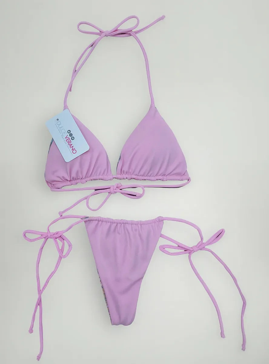 Bikini Asoleador Doble Faz Talla Única Rosado Claro Hojas